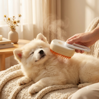 SteamPaw grooming brush dispensing hydrating mist while brushing a dog's coat